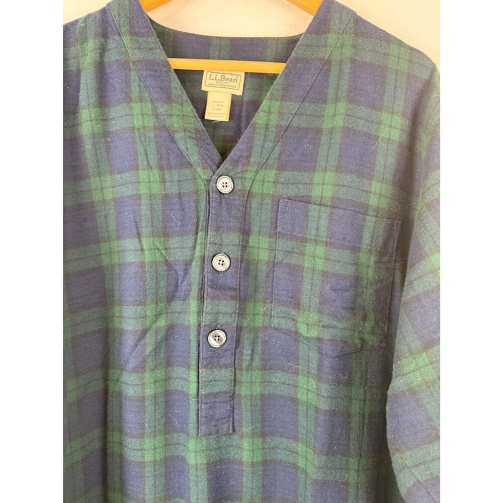 LL Bean Men's Size Large Vintage Plaid Flannel Nightshirt Green Black Watch